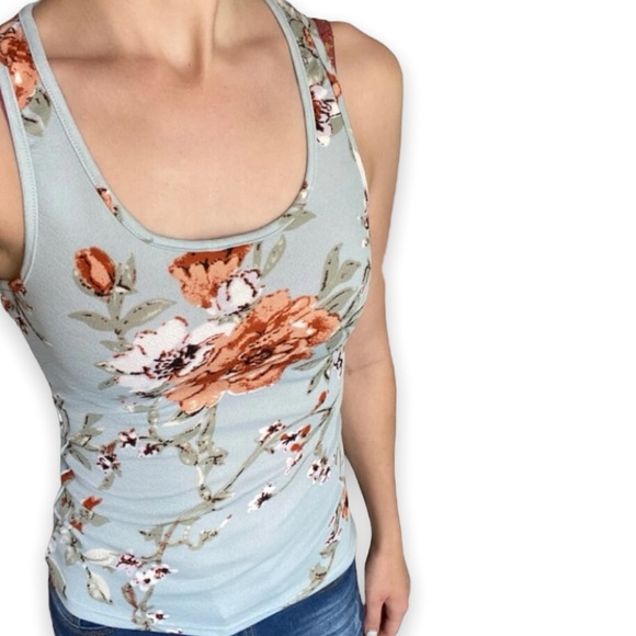 New Woman’s Spring Summer Boho Mint Blue Floral Print Racerback Casual Tank Top - Picture 5 of 11
